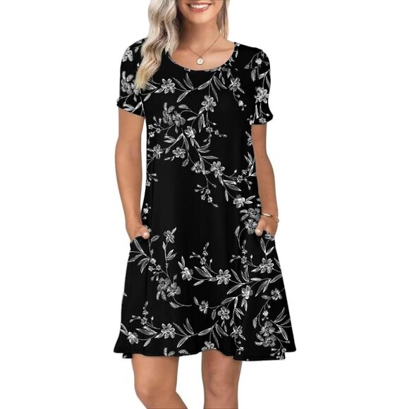 Womens Black Floral Print Short Sleeve Casual A Line Dress With Pockets - Picture 1 of 4